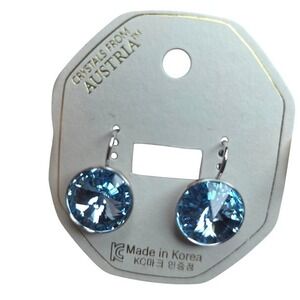 NWT SwarovskiElement AquamarineBlue 15mm Leverback Dangle Platinum Plated Bling‎